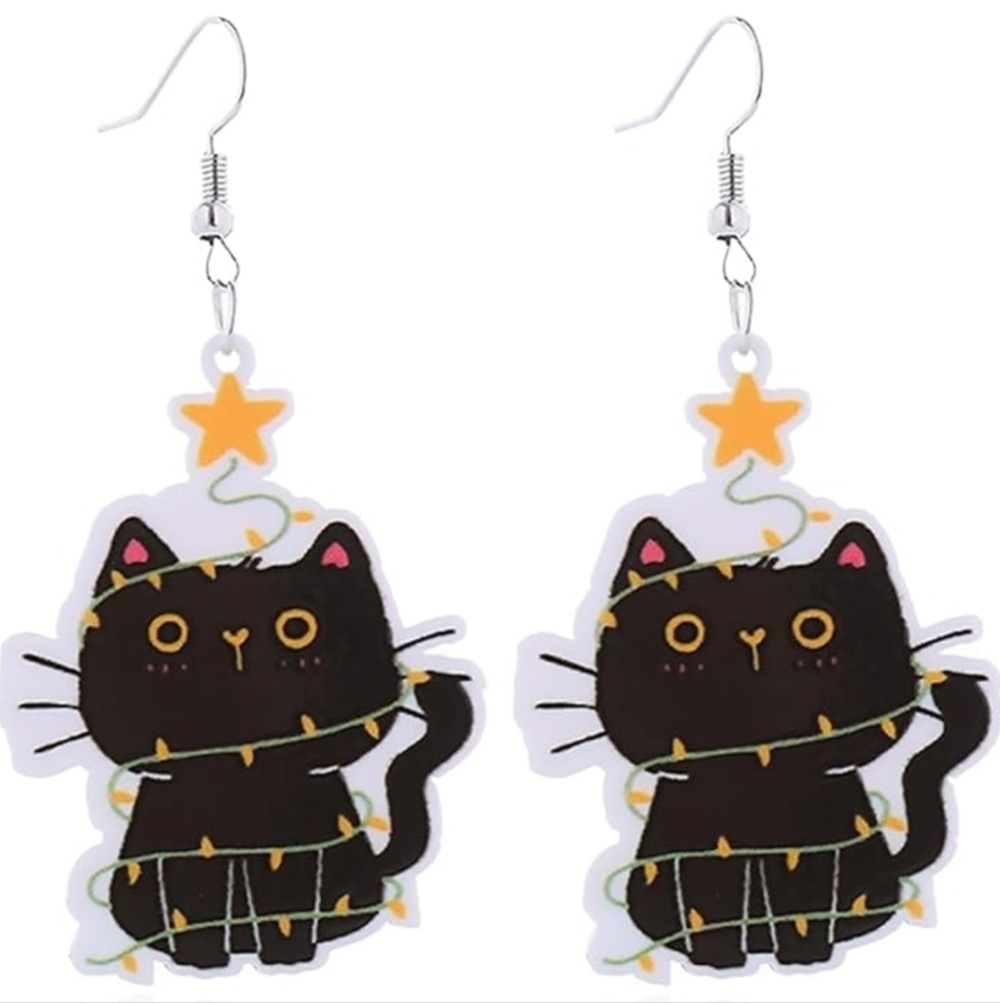 Women's jewelry festive holiday black cat wrapped in lights dangle earrings